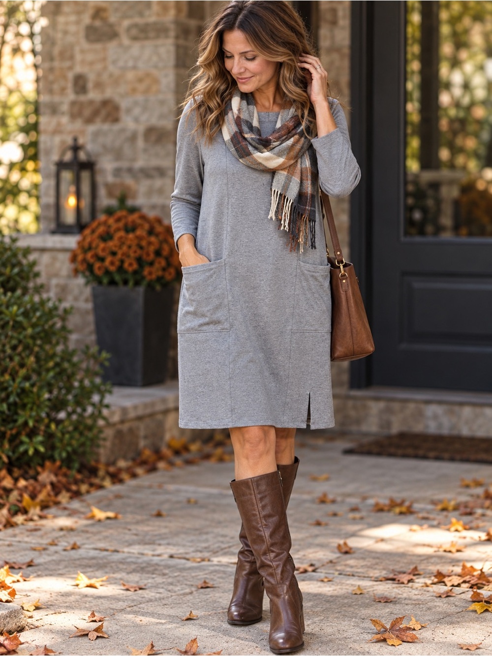 Soft Surroundings Haiku Gray Long Sleeve Shift Dress Pockets Medium